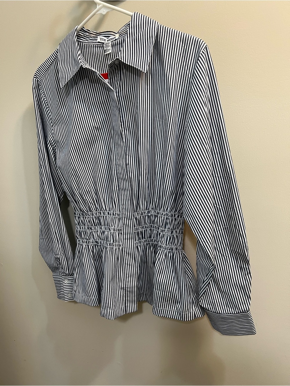 Steve Madden Black and White Striped Smocked-Elasticized Waist Button Shirt Sz M